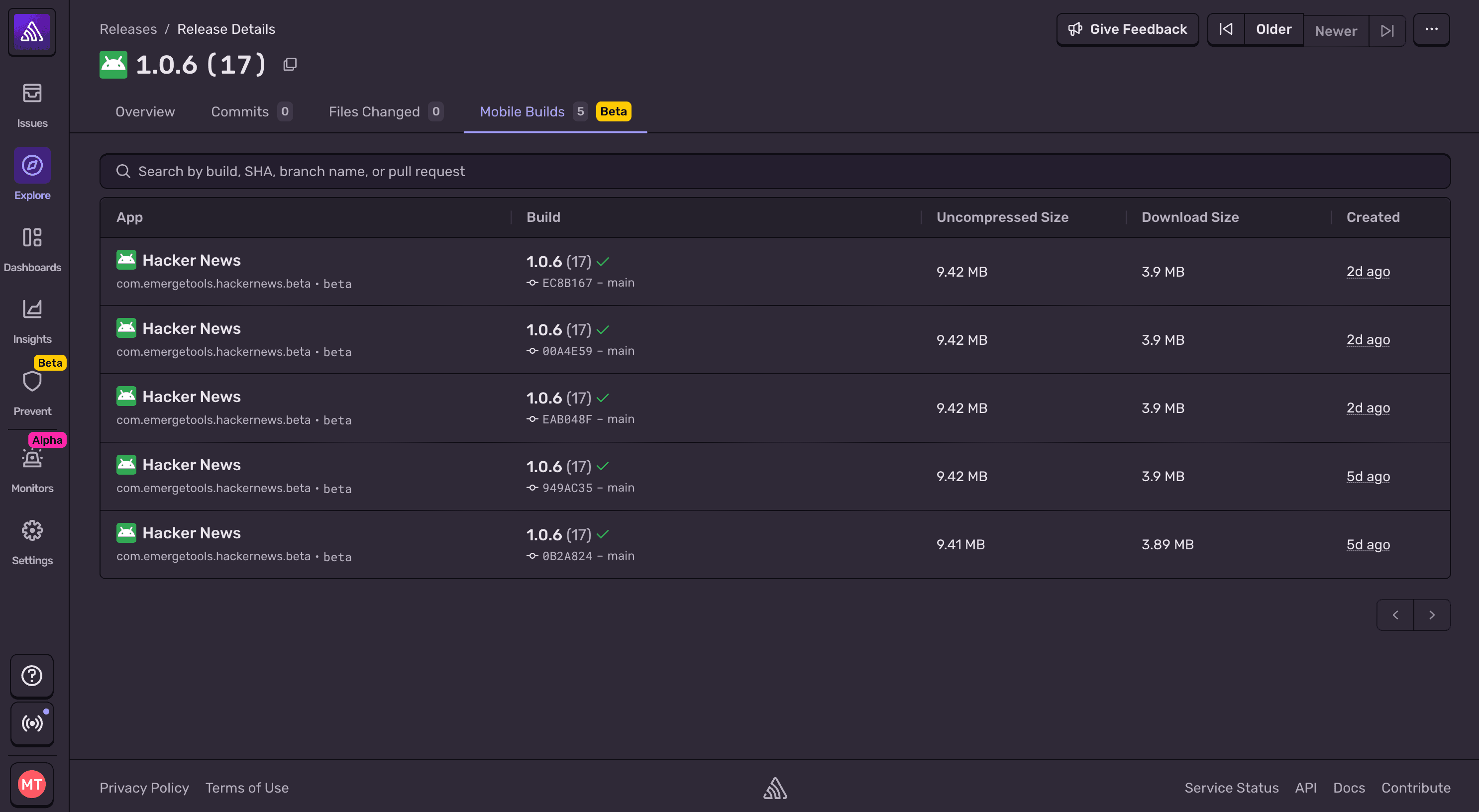 Mobile Builds in Release details page screenshot