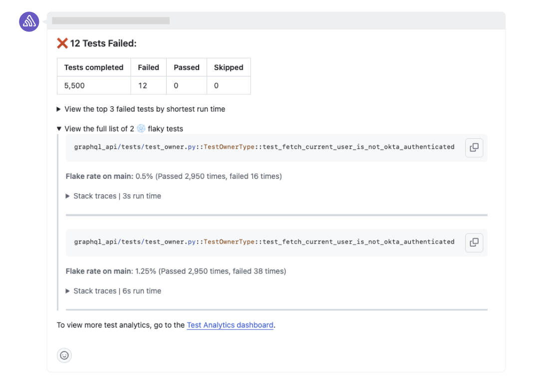 Test Analytics comment